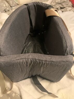Gray Fabric pet console  Insert with Beige Carry Straps side snack pockets